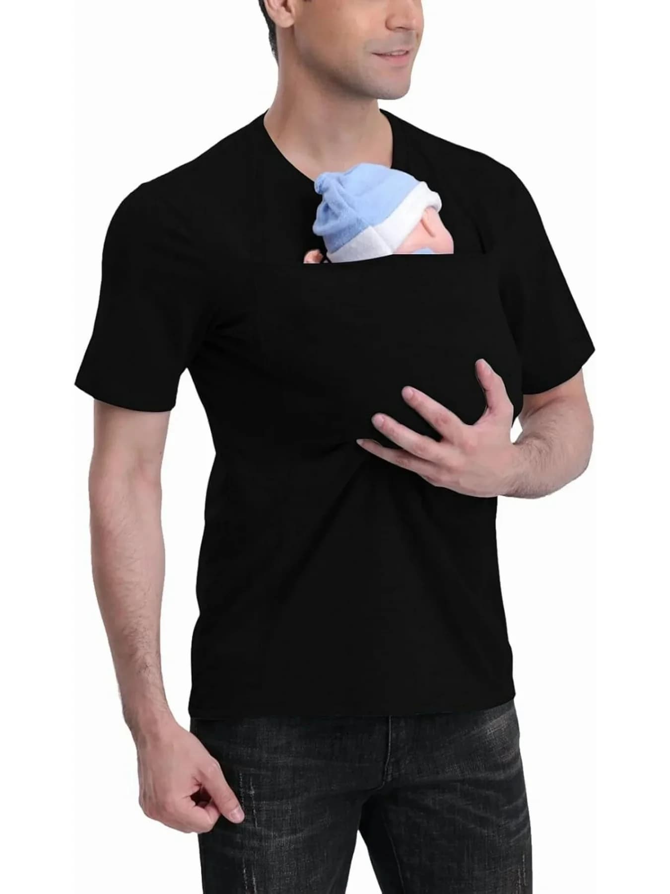 Maglietta Canguro per l'interazione genitore-figlio da uomo, a maniche corte, con tasca porta-bebè, T-shirt casual stile papà