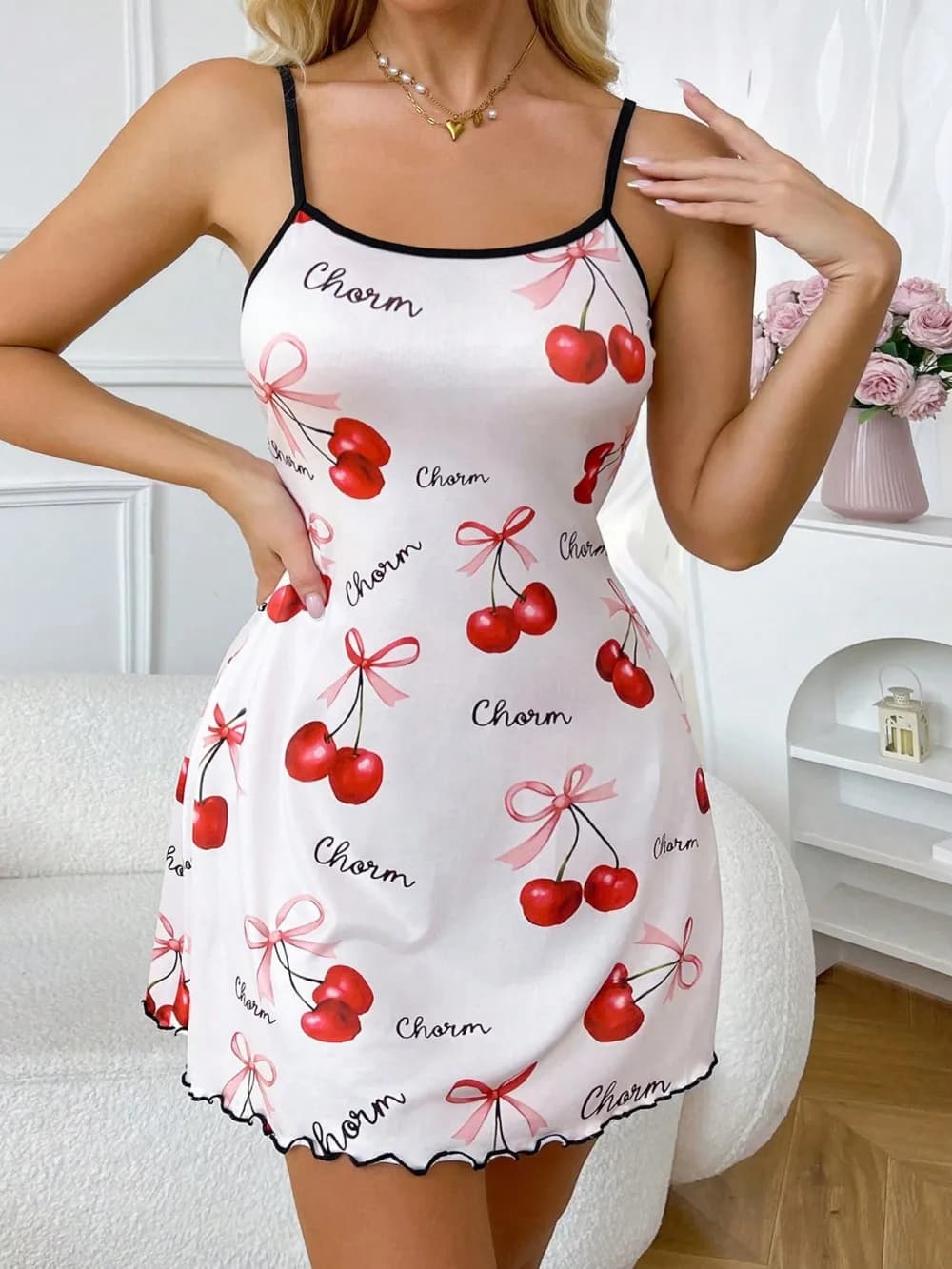Camicia da notte con stampa ciliegia Camicia da notte da donna Cinghie da notte Mini abito da notte Camicie da notte Camicia da notte Pigiama Regalo di San Valentino