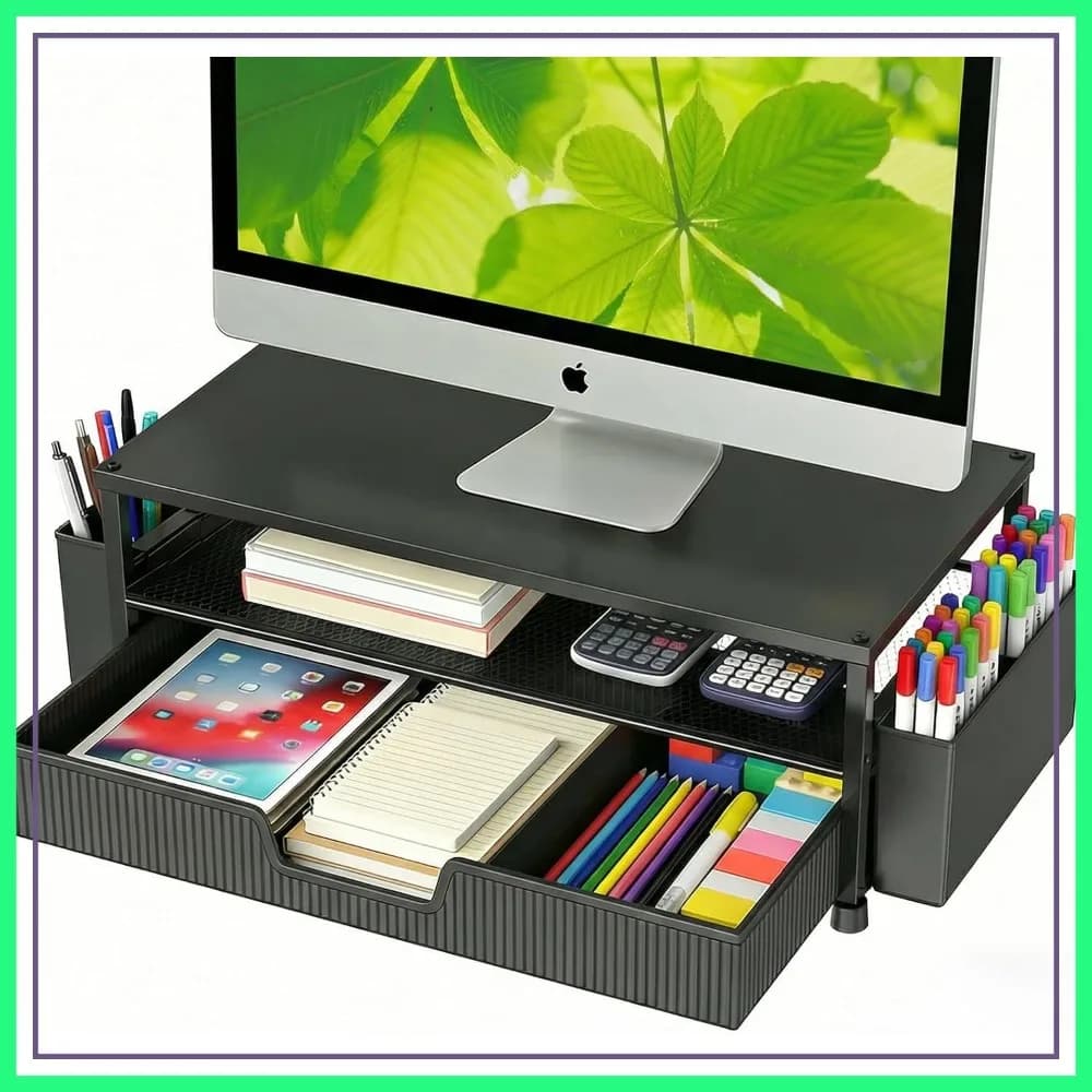 Supporto per Monitor a 2 Livelli con Cassetto e Portapenne, Rialzo per Laptop e Stampante, Organizzatore da Scrivania (Nero)