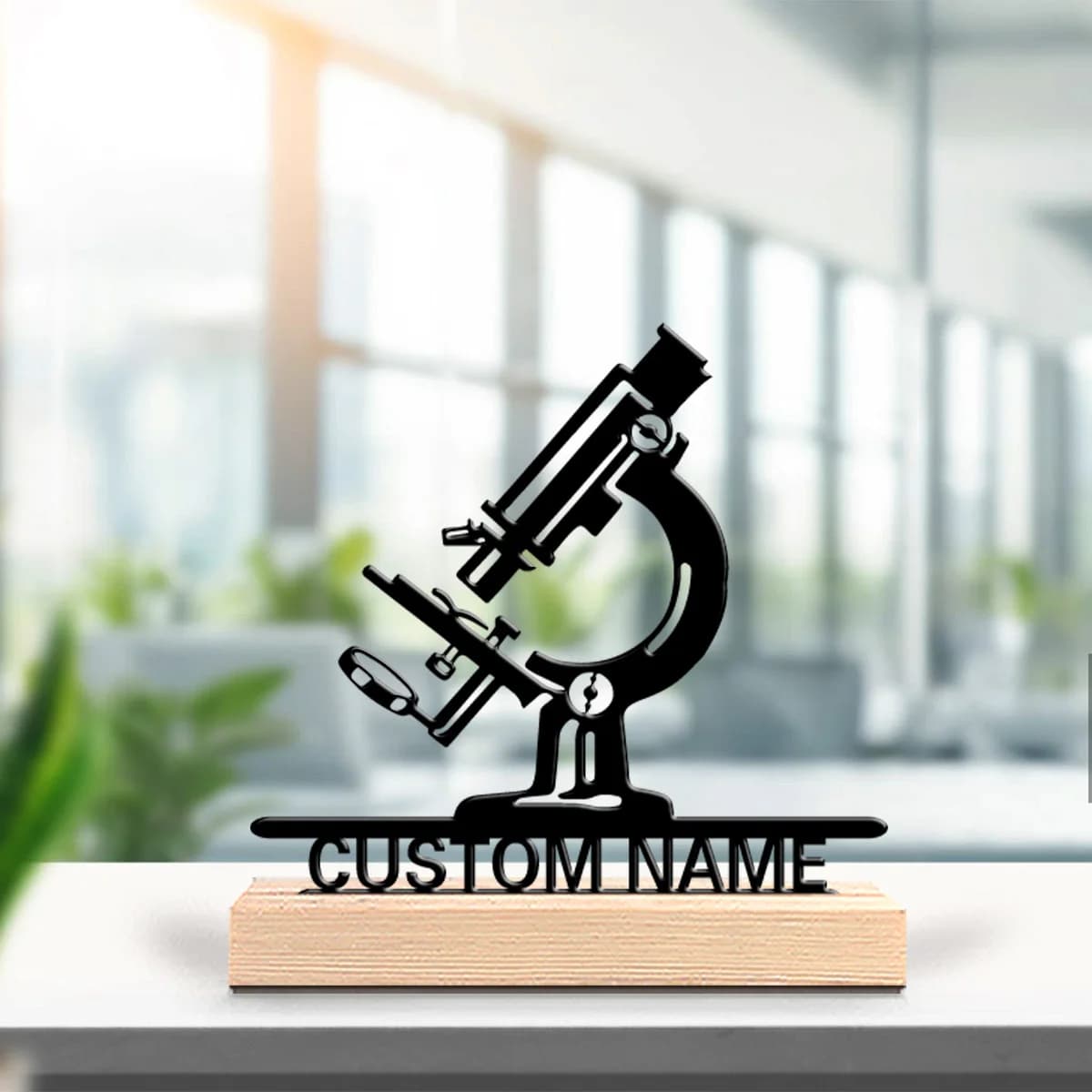 1 statuetta in metallo personalizzata a forma di microscopio, decorazione da scrivania simbolica con base in legno, regalo, tema maschile, per ufficio