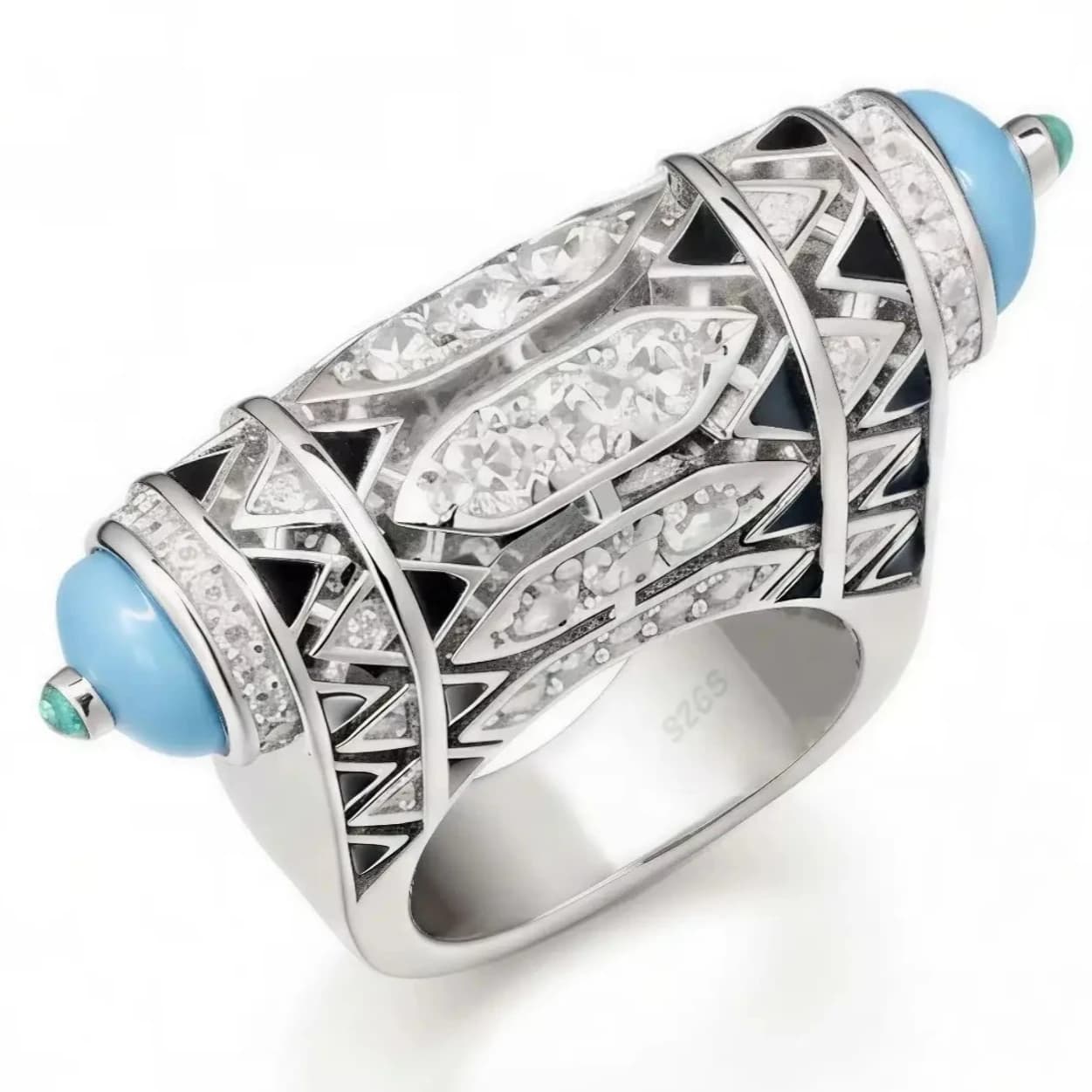Art Deco Artificial Turquoise Statement Ring Vintage Women's Enamel 925 Sterling Silver Cocktail Fine Jewelry Anniversary Gifts