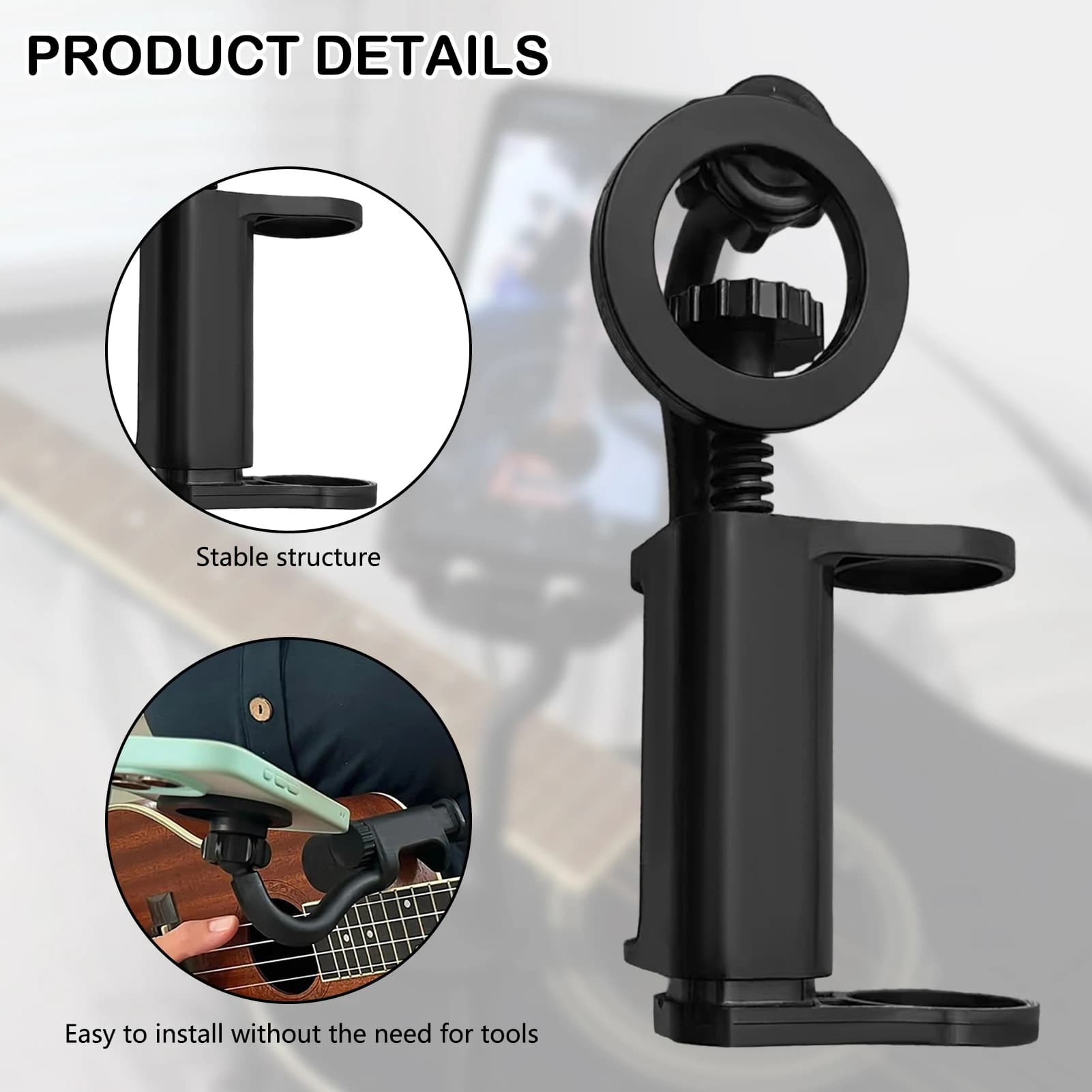 Supporto per telefono magnetico per chitarra Ukulele Supporto per telefono regolabile per spessore 6-10 cm portatile per la registrazione video di insegnamento dal vivo