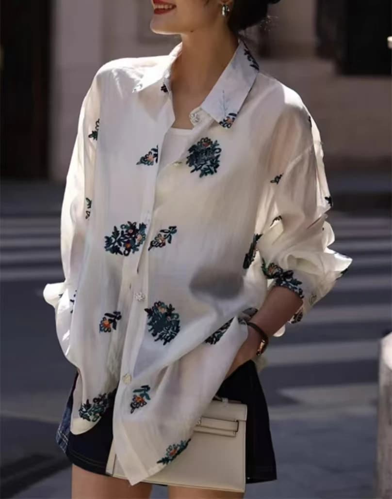 New Transparent Shirts and Blouses with Floral Embroideries on All Area, Subtles and Protective from the Sun, Summer 2025 Trend for Women