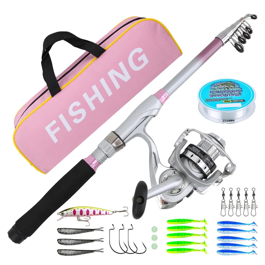 New Style Portable Telescopic Lure Rod Combo for Female Anglers,Silver Pink Ladies Complete Fishing Tackle Set Lure Storage Box