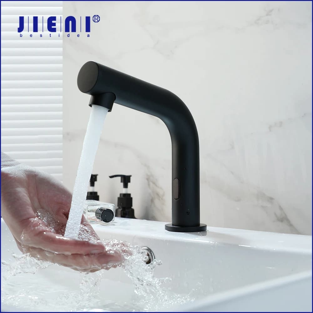 JIENI Lavabo da bagno Rubinetto con sensore automatico Montaggio su piano Flusso Nero opaco Touch Free Igiene con rubinetti miscelatori acqua calda e fredda