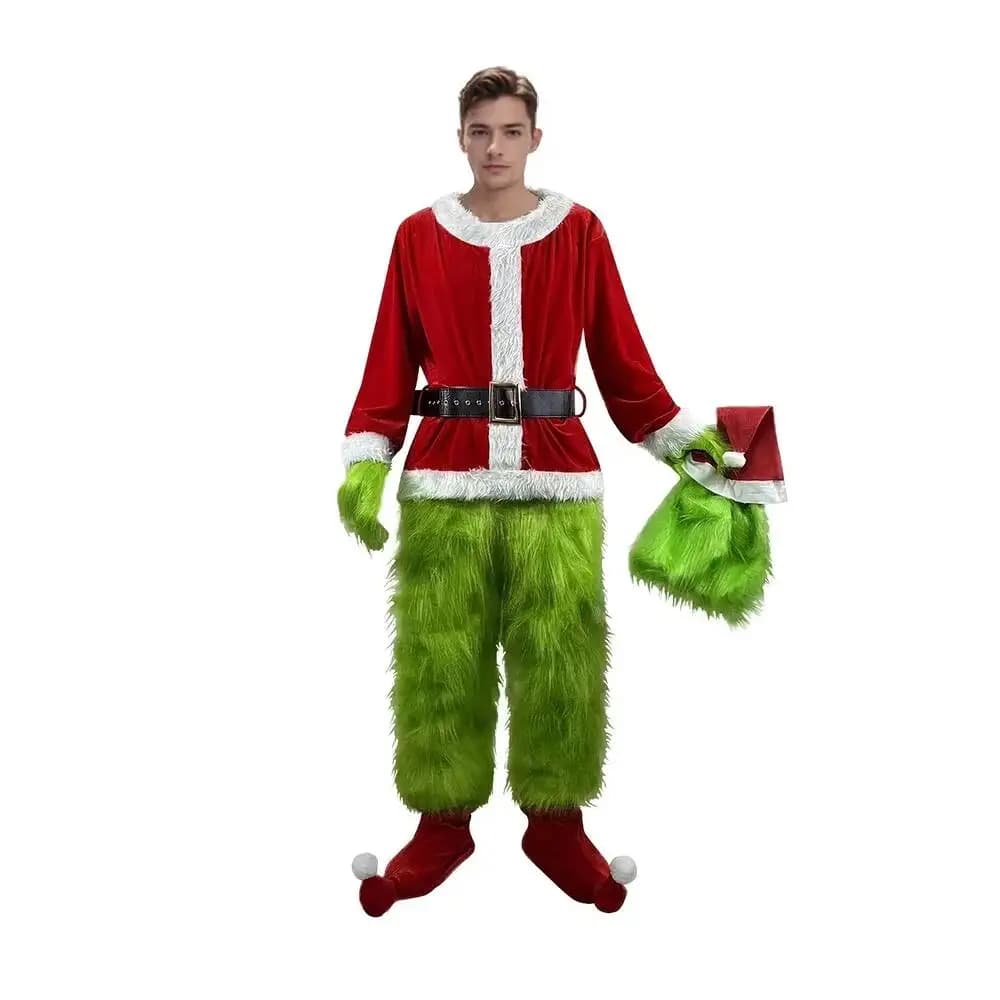 Set Costume Babbo Natale 2025, Abiti Pelosi Verdi, Outfit per Feste di Natale e Halloween, Accessori per Spettacoli, Top, Pantaloni, Calzini, Cintura