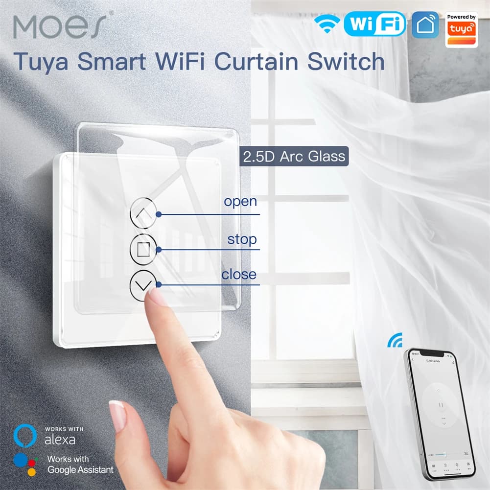 MOES WiFi RF433 Smart 2.5D Arc Glass Touch Curtain Switch per tapparelle persiane Smart Life/Tuya APP funziona Alexa Google Home