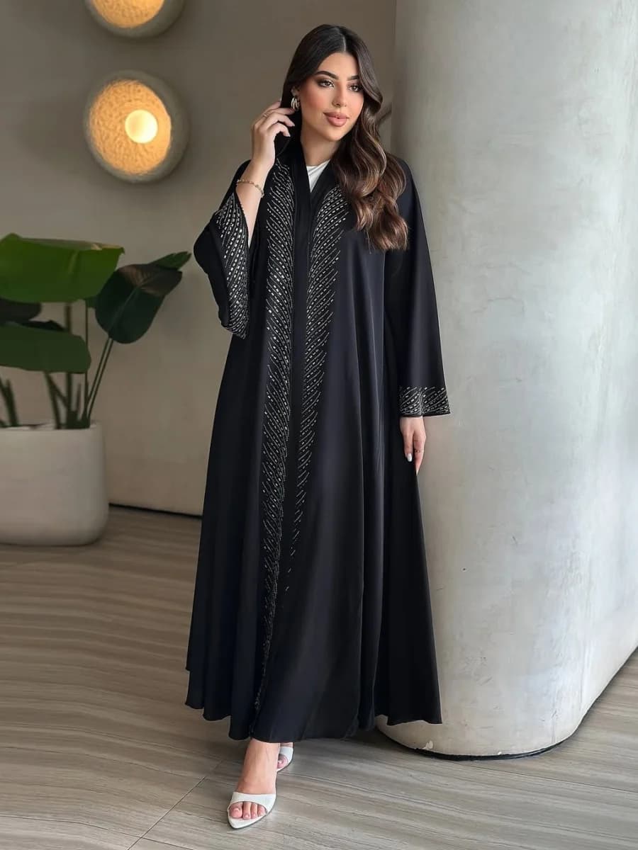 Donne musulmane Dubai Abaya lusso hotfix strass che borda Kimono Cardigan Abito lungo Abito caftano modesto Femme Abbigliamento islamico