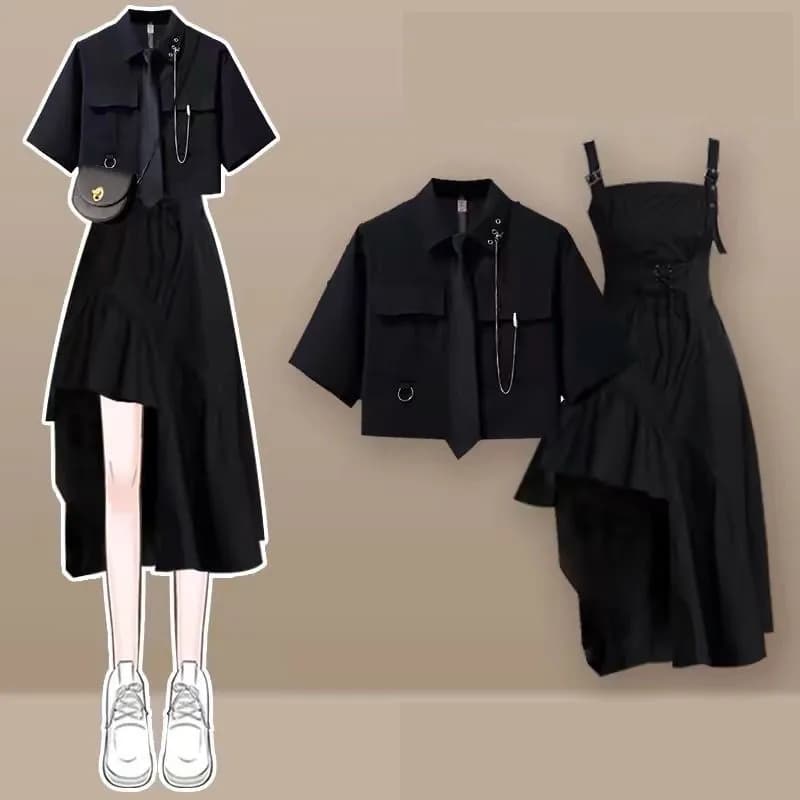 Summer women's suit 2026: New fashionable set with irregular dress, elegant Korean short sleeve shirt and skirt with straps (two pieces)