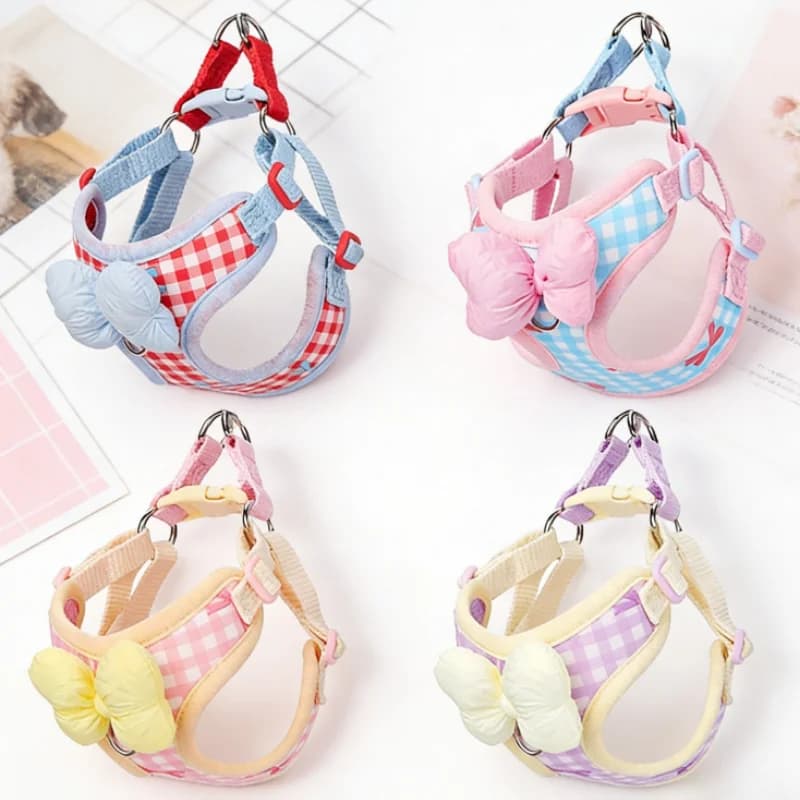 Set Pettorina e Guinzaglio per Cani a Quadretti, Regolabile, Traspirante, con Fiocco alla Moda, Morbida, per Cuccioli e Gatti