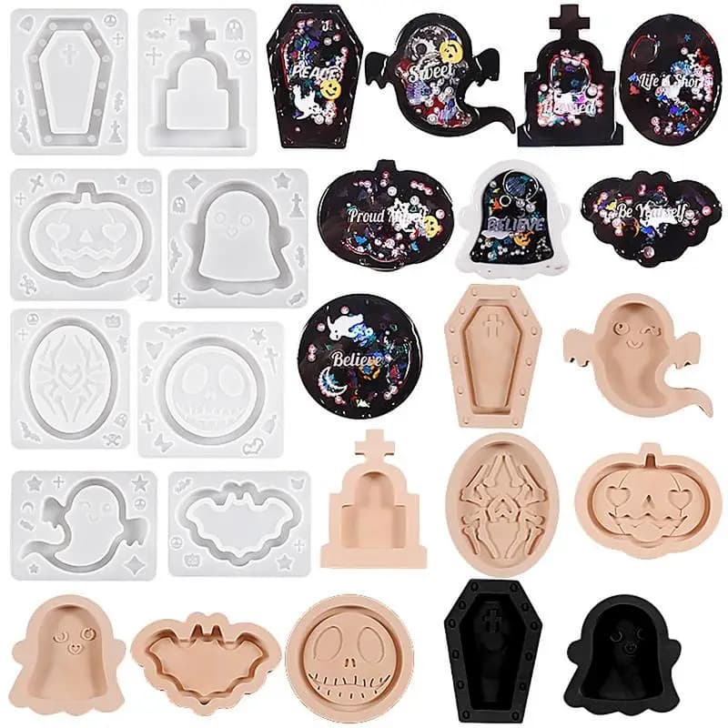 Halloween sabbie mobili Shaker stampo 4 pezzi zucca fantasma lapide Silicone resina epossidica stampo fai da te Halloween ciondolo regali artigianali