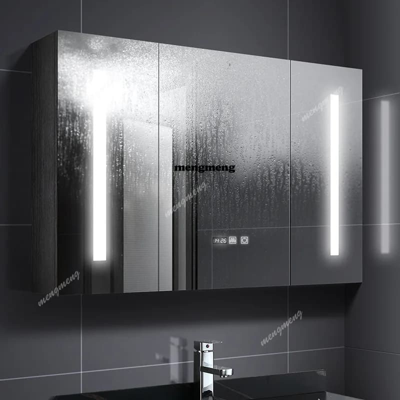 Armadietto a specchio intelligente da bagno a parete, antiappannamento, con luce LED integrata e vano portaoggetti