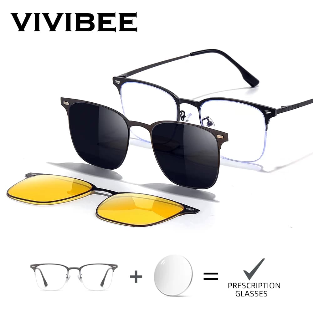 VIVIBEE Semi-Stainless Personalized Eyewear 3 in 1 Magnetic Clip on Titanium Polarized Sunglasses Optical Glasses