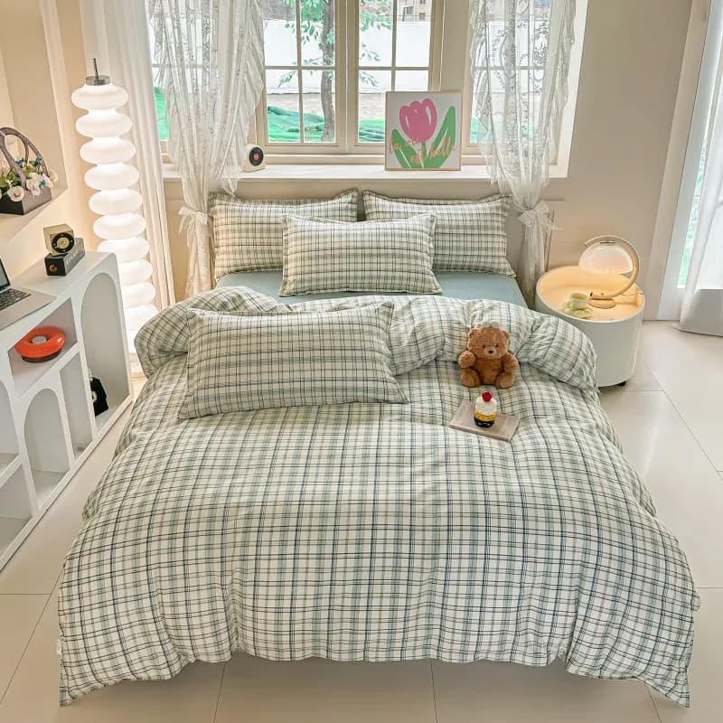 Set di biancheria da letto a quadri verdi da 4 pezzi, biancheria da letto morbida e traspirante con copripiumino e federe, misura Full/Queen/King