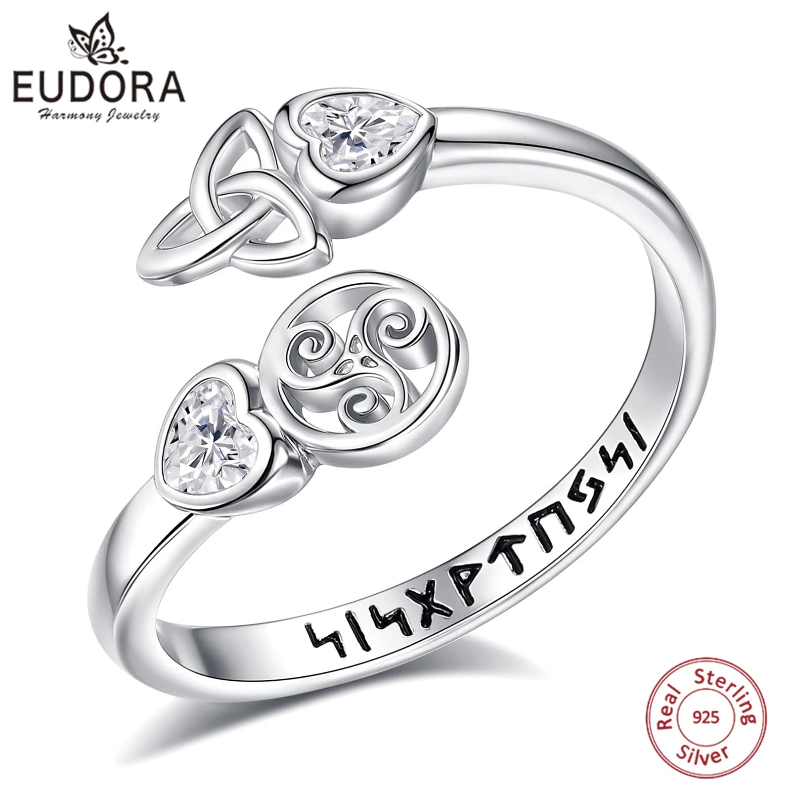 Eudora 925 Sterling Silver Nodo celtico Triskelion Anello regolabile Rune vichinghe Anello aperto Wicca Gioielli pagani Regalo per le donne Uomini