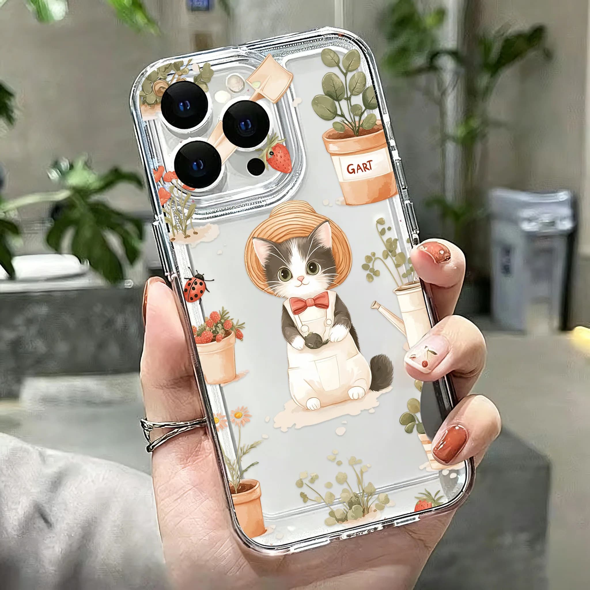 VClear Christmas Cat Phone Case, Aesthetic Winter Kitten Red Hat Scarf Watercolor Anti-Fall Cover Compatible with IPhone Series