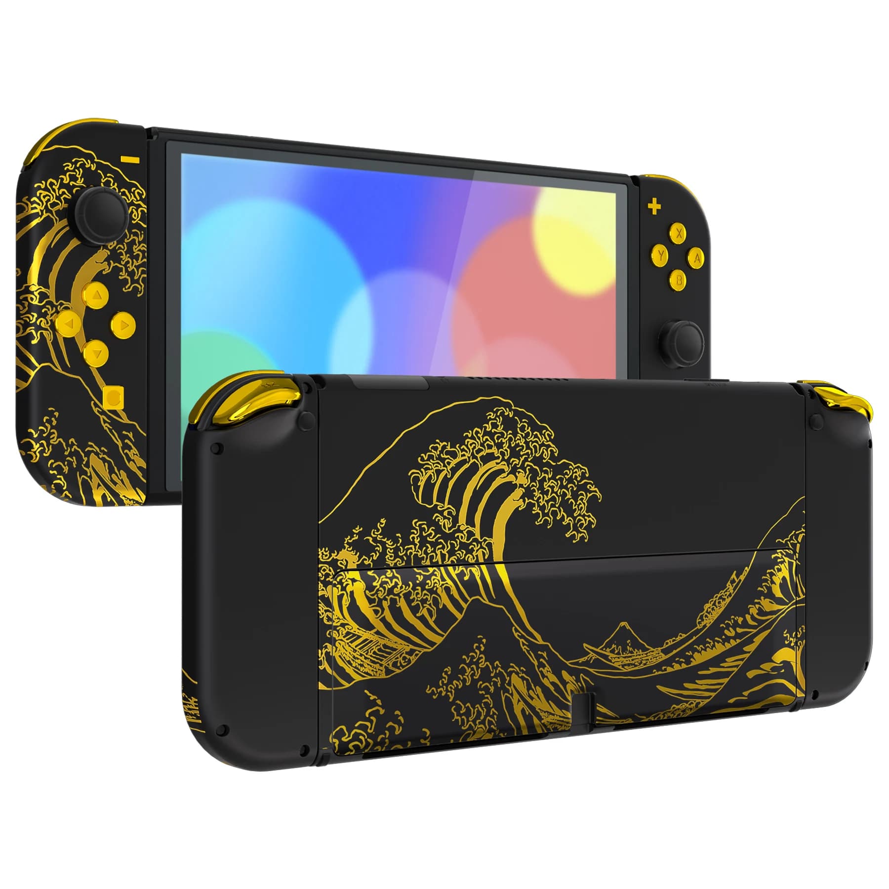 eXtremeRate Set completo di guscio, cavalletto e pulsanti con piastra posteriore per Nintendo Switch OLED - The Great Wave Off Kanagawa