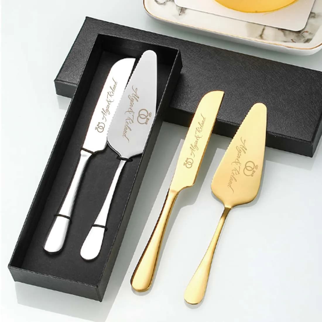 Personalized Wedding Cake Utensil Set,Custom Laser Engraved Cake Knife and Server, Cake Cutter Kit for Reception Anniversary Gif