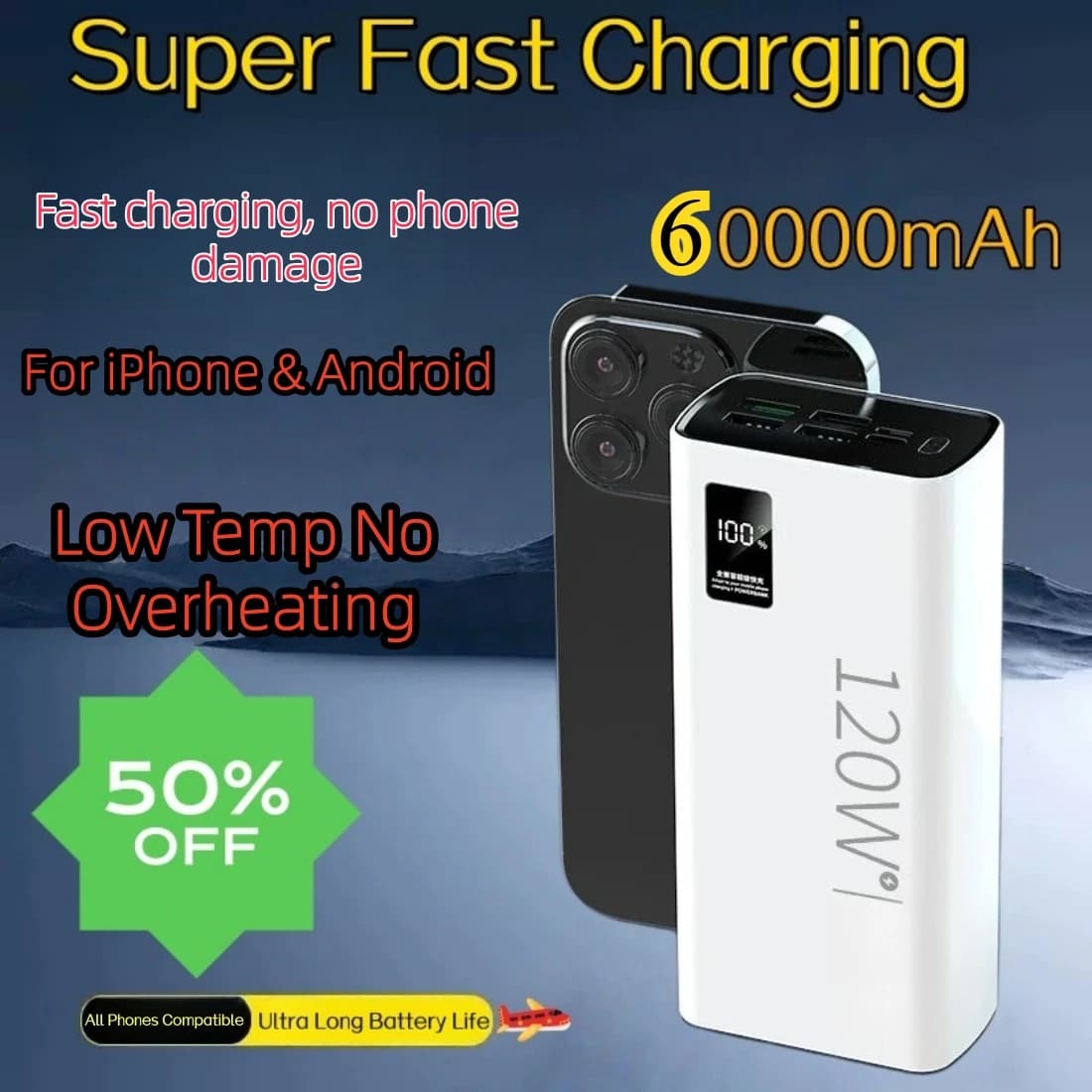 Power Bank con Cavo Integrato 60000mAh Ricarica Rapida Custodia Batteria Esterna per iPhone, Xiaomi, Samsung