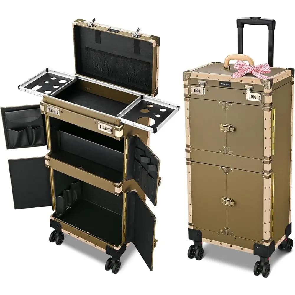 Professional Trucco Valigia with Wheels 15x11x33, Lock, Hair dryer, 360 degree Swivel Wheels for Designers or Barbieri, Bronze
