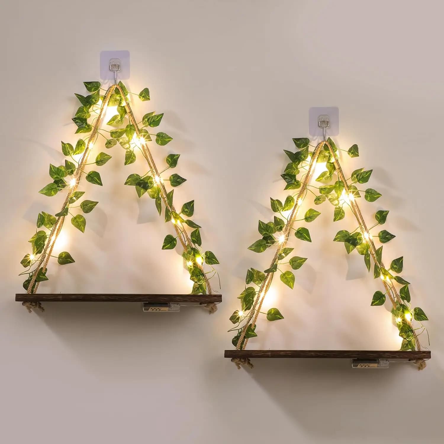 Mensole Galleggianti Senza Foratura, Mensole da Parete con Foglie e Striscia LED, Set di 2 Decorazioni per Piante per Soggiorno e Camera da Letto, Decorazione LED per la Stanza