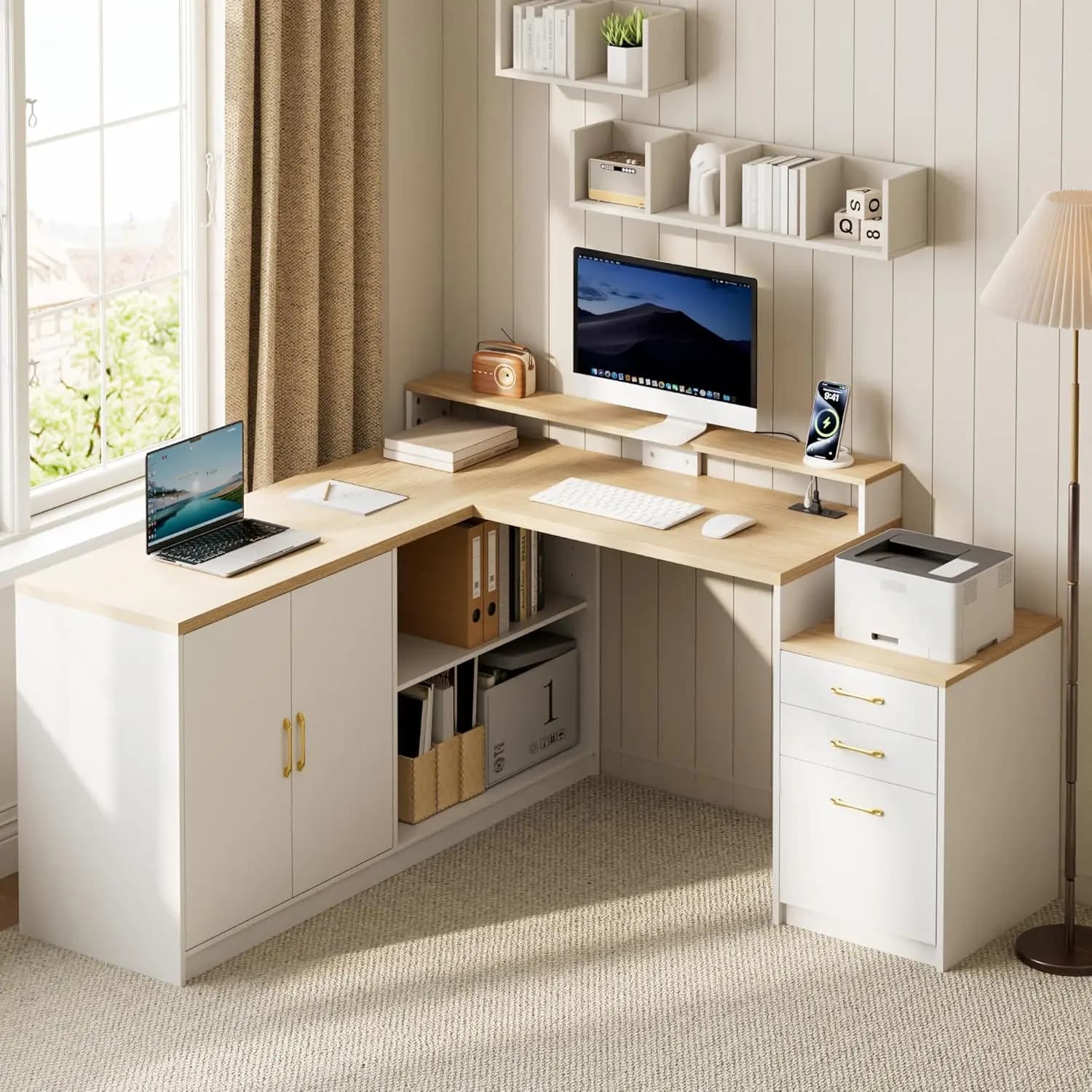 Scrivania a L da 63 pollici con cassetti, mobiletto portaoggetti, supporto per monitor, presa di corrente, postazione di lavoro per computer da ufficio domestico, tavolo da scrittura, personalizzabile
