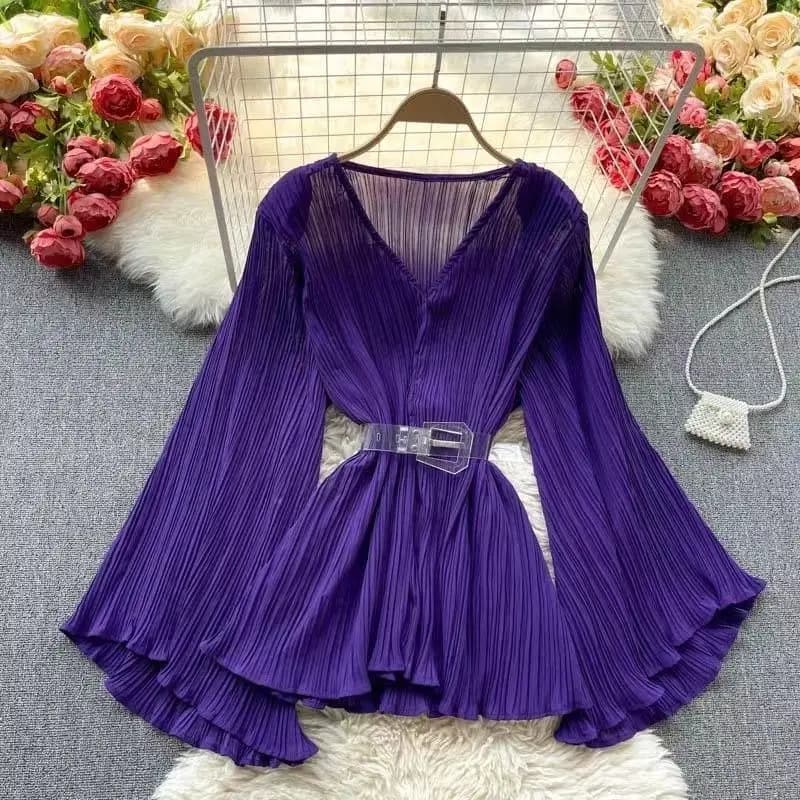 Pullover Casual Solid Purple with V-neck Sleeve loose folds without belt blouse women's shirt women's clothing top 2024 fashion