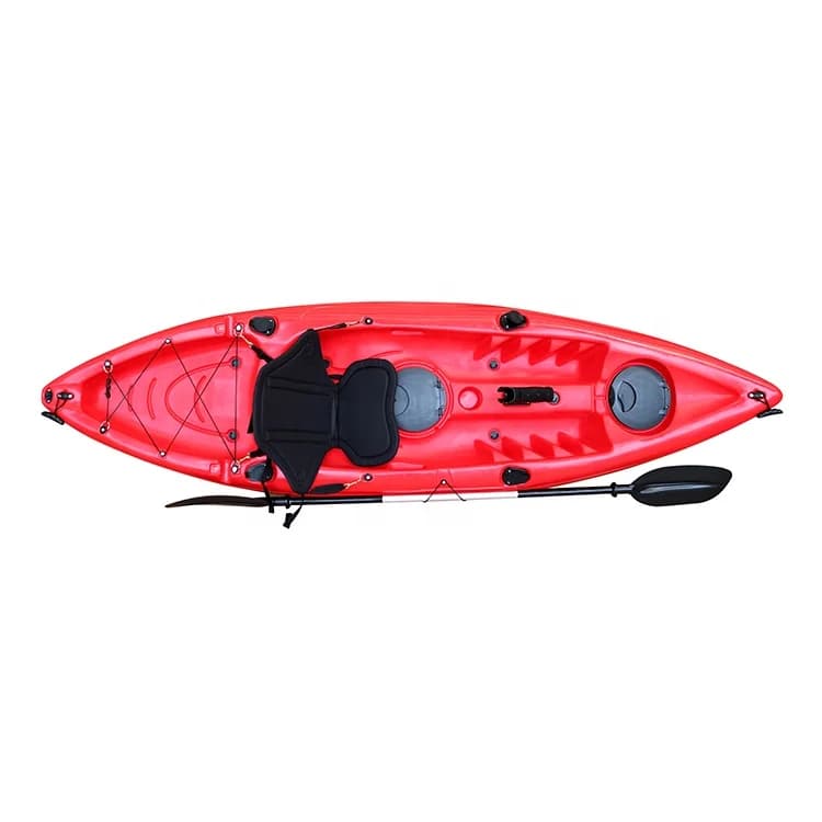 9.7' Solo sitting on a small fishing kayak with paddles