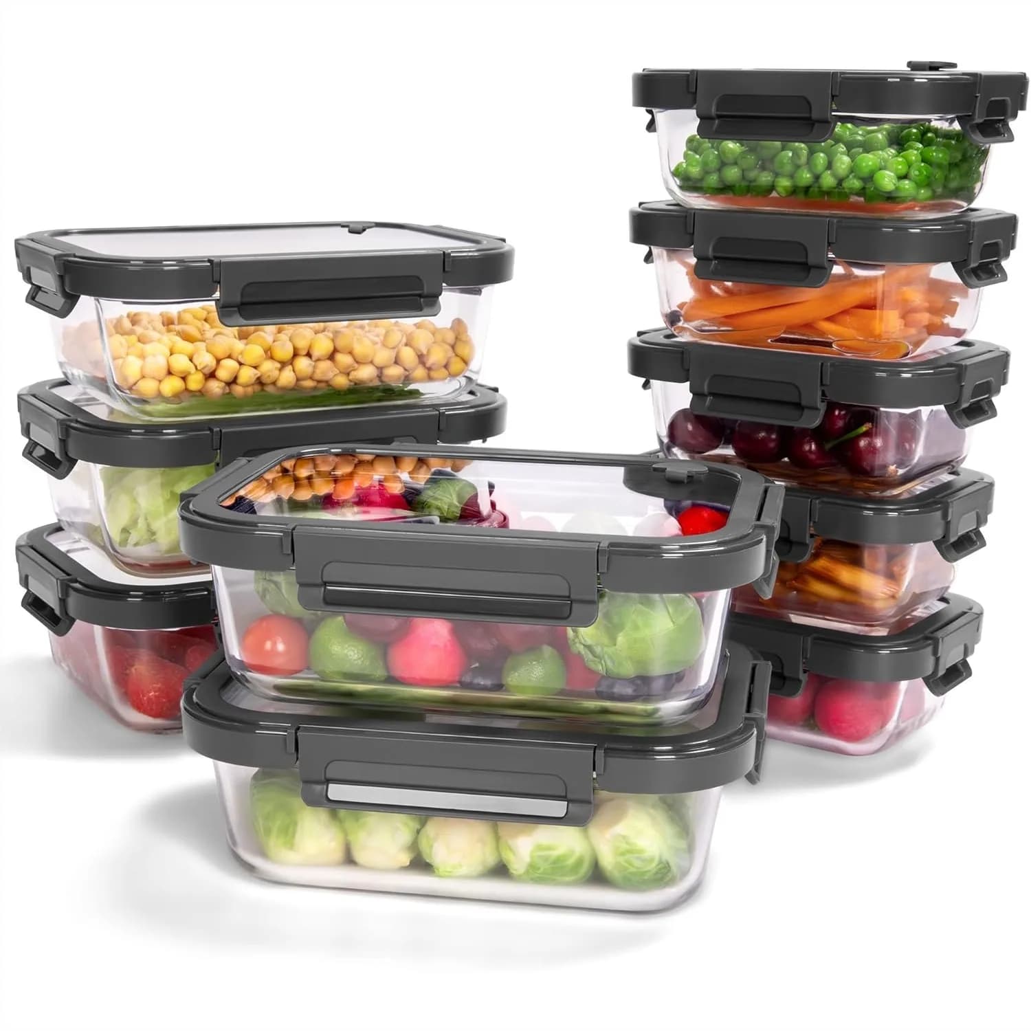 Set di 10 Contenitori in Vetro per Alimenti con Coperchi Temperati, Ermetici e Antisgocciolamento, Adatti per Forno e Lavastoviglie, 4.4 e 1.6 Tazze