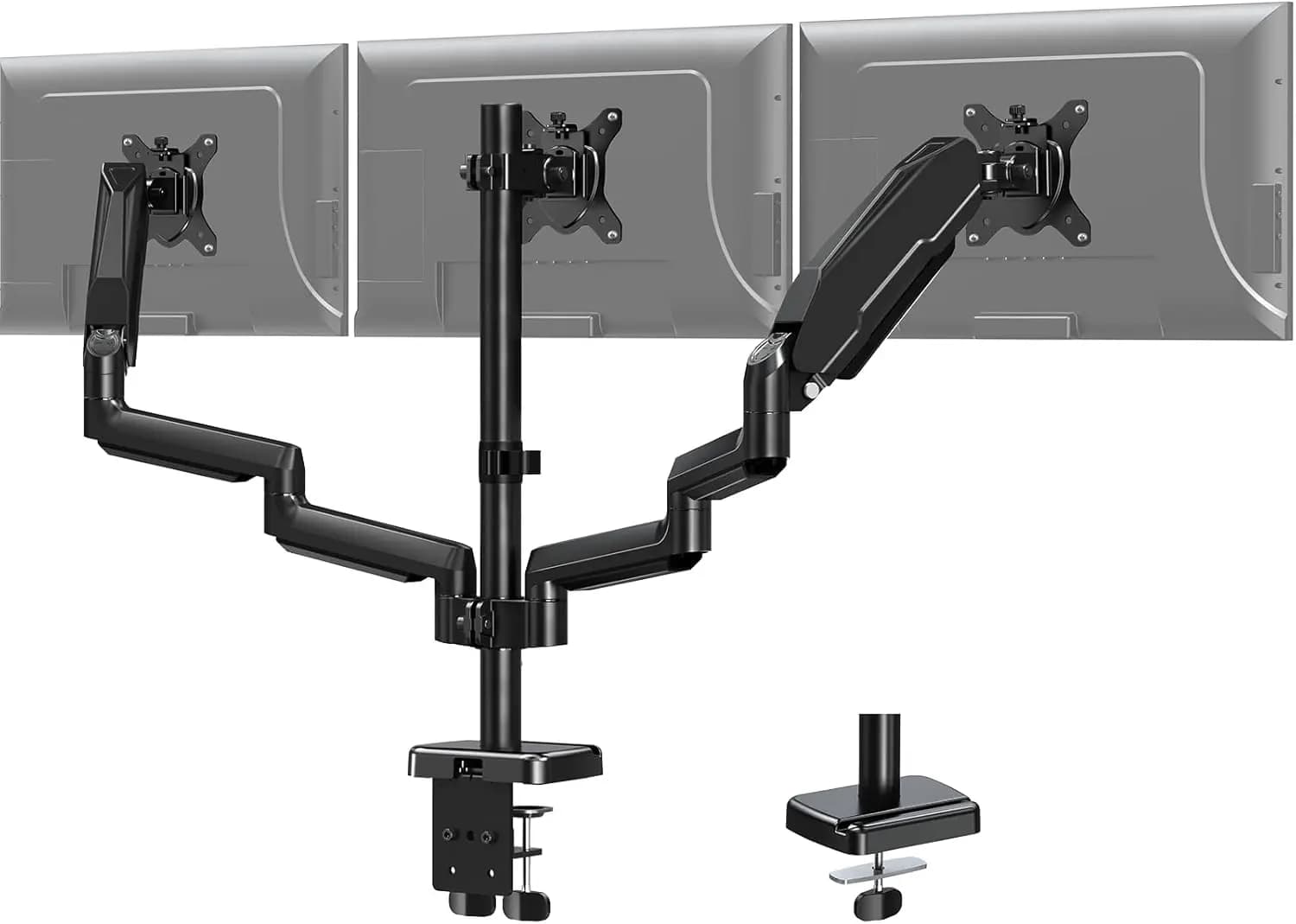 Supporto per tre monitor da 13-27 pollici, supporto da scrivania per 3 monitor, altezza regolabile, movimento completo, supporta fino a 17,6 libbre ciascuno, VESA 75x75 100x100