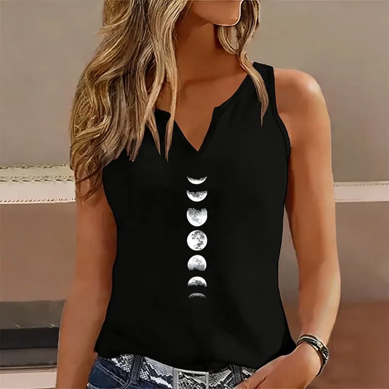 Maglietta Senza Maniche con Stampa Luna Stile Harajuku, T-Shirt Casual con Scollo a V, Maglietta a Maniche Corte da Donna