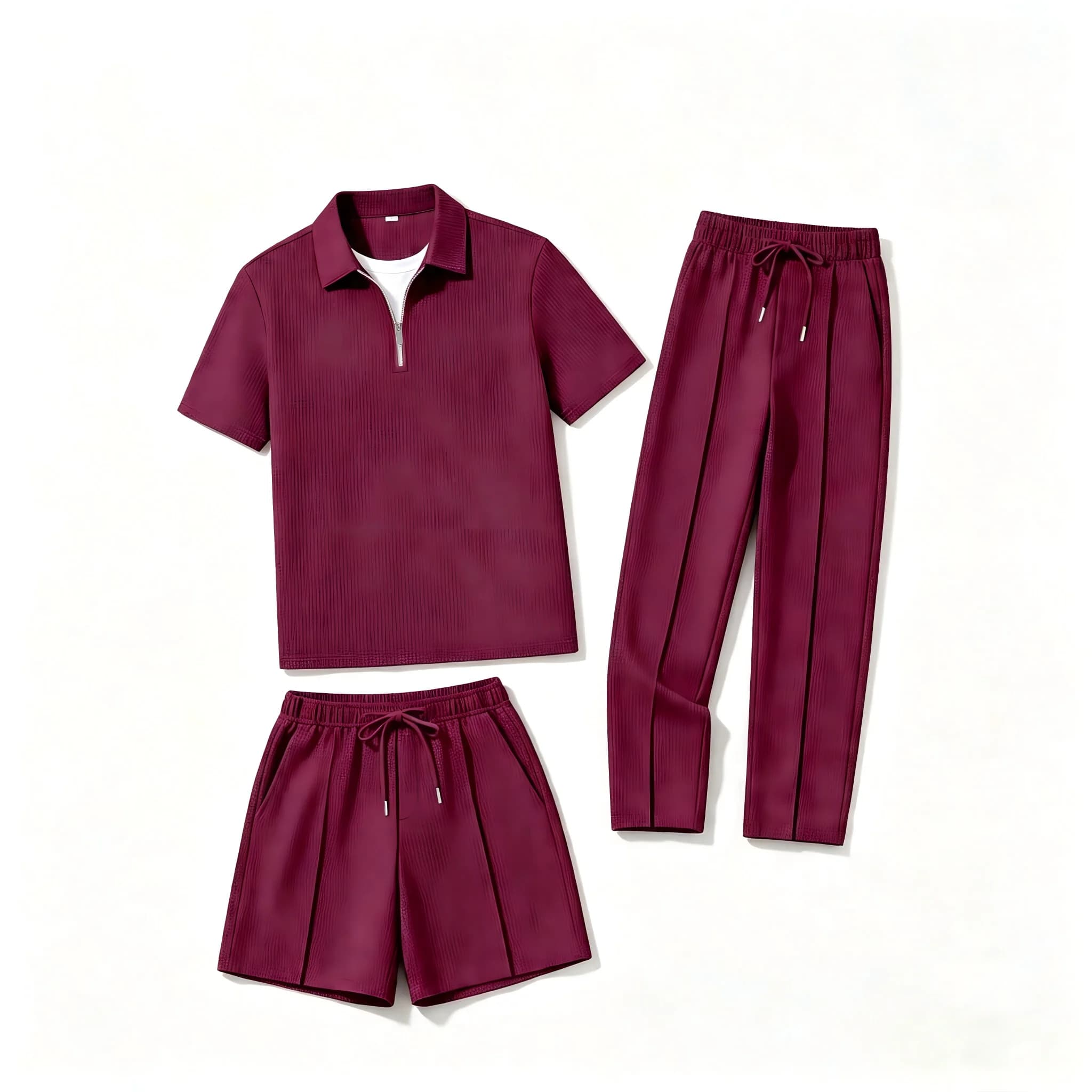 Men Summer Waffle Knit 3-Piece Outfit, Half-Zip Polo with Long Pants & Shorts in Two Styles, Daily Casual & Outdoor Wear