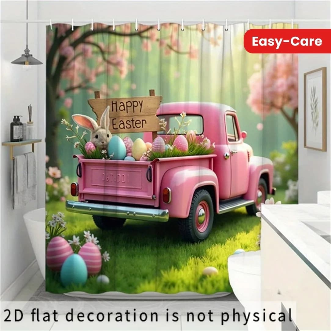 2D Flat, 1pc Vintage Pink Easter Shower Curtain with Bunnies and Pastel Eggs - Whimsical Spring Floral Design, Durable and Easy