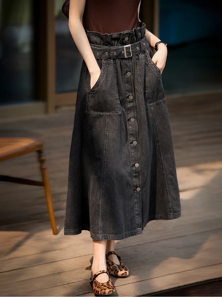 Gonna a vita alta midi slim fit in denim di cotone da donna, gonna estiva alla moda a vita a sacchetto, gonna Xhange comoda per il pendolarismo