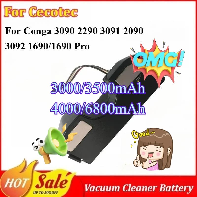 New 14.4V 3000~6800mAh Vacuum Cleaner Battery for Cecotec Conga 3090 3091 3092 1690/1690 Pro 2090 2290 Replacement Battery