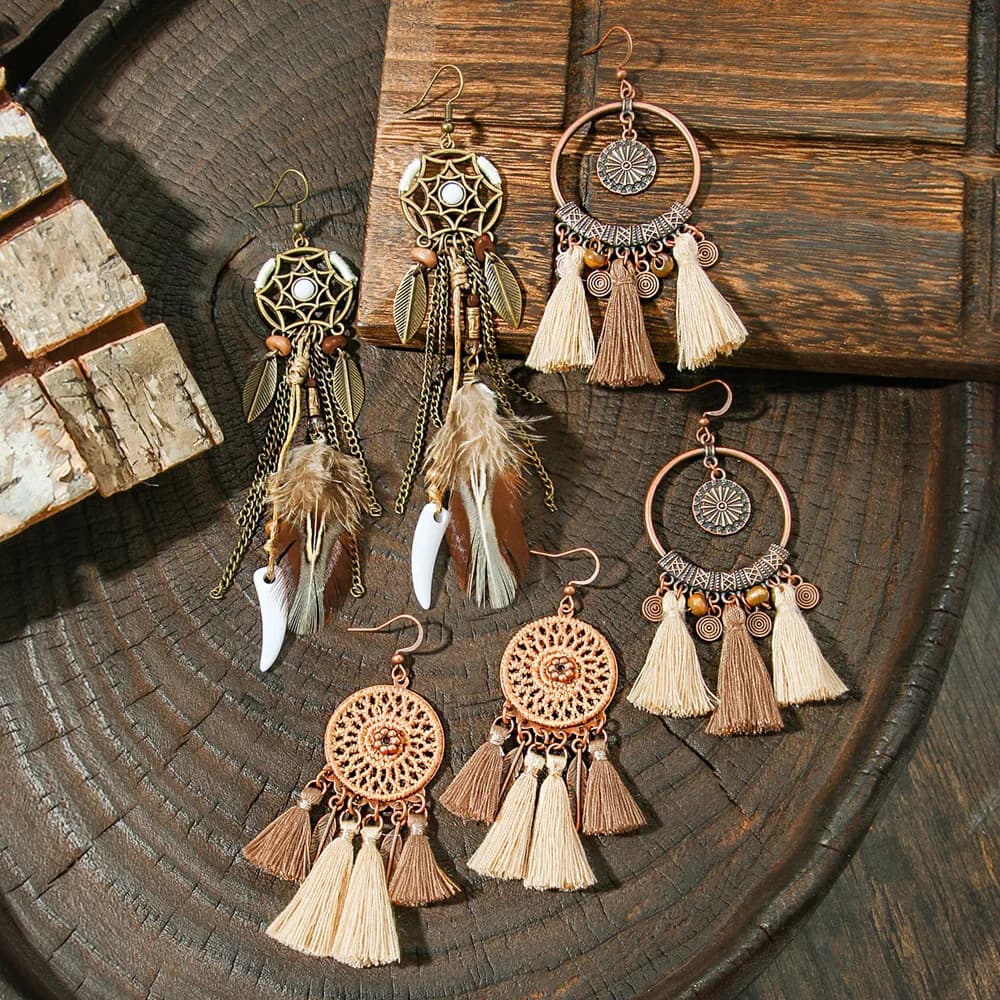 feather fringed earrings Dream Catcher ethnic style old tribal earrings design sense versatile ear jewelry