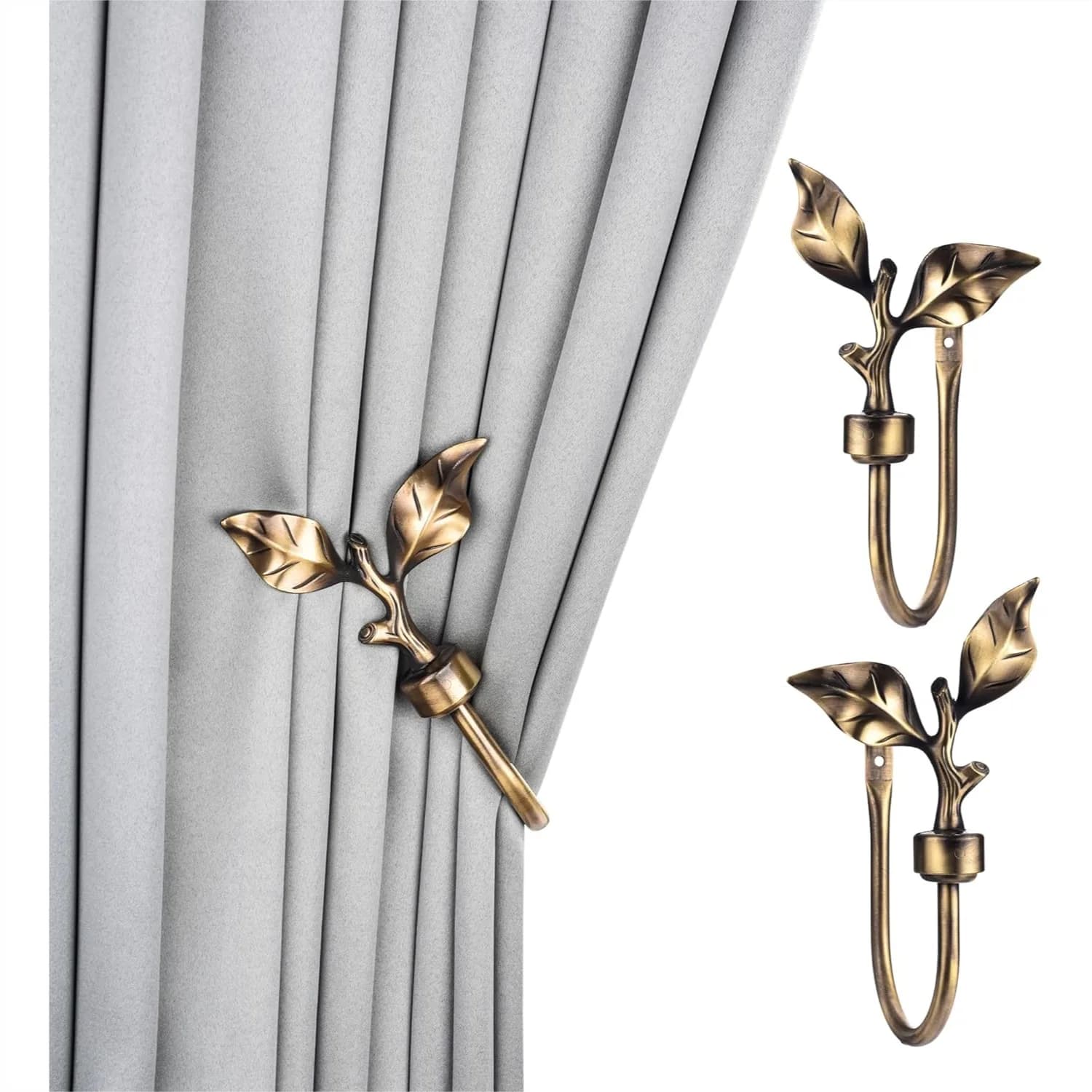 Fermatende a Forma di Foglia, Supporti Laterali per Tende in Metallo Ottone Anticato da Parete, Ganci Fermatende per Tende Finestre Casa