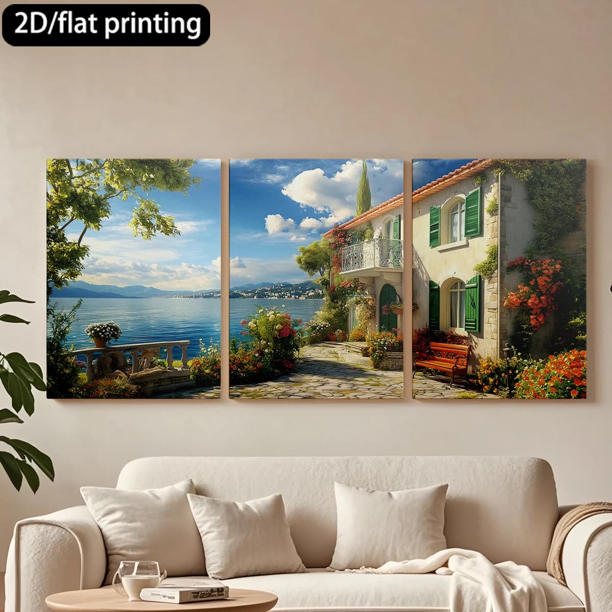 Decorative painting on canvas with wooden frame, 3 pieces. Charming villa on the lake, courtyard with flowers. Tende per camera da letto ikea.