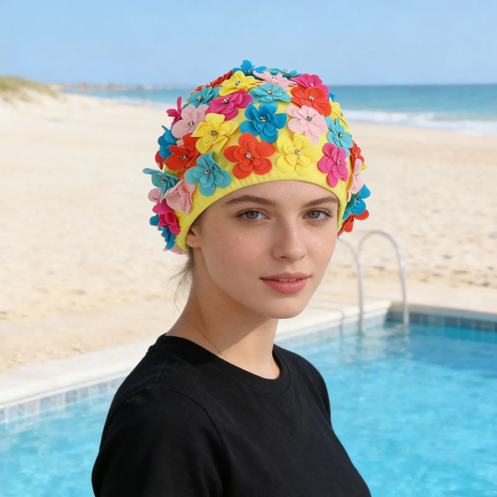 Cuffia da Nuoto Impermeabile con Motivo Floreale, Morbida in Silicone, Comoda per Donne, Uso in Piscina e Spiaggia