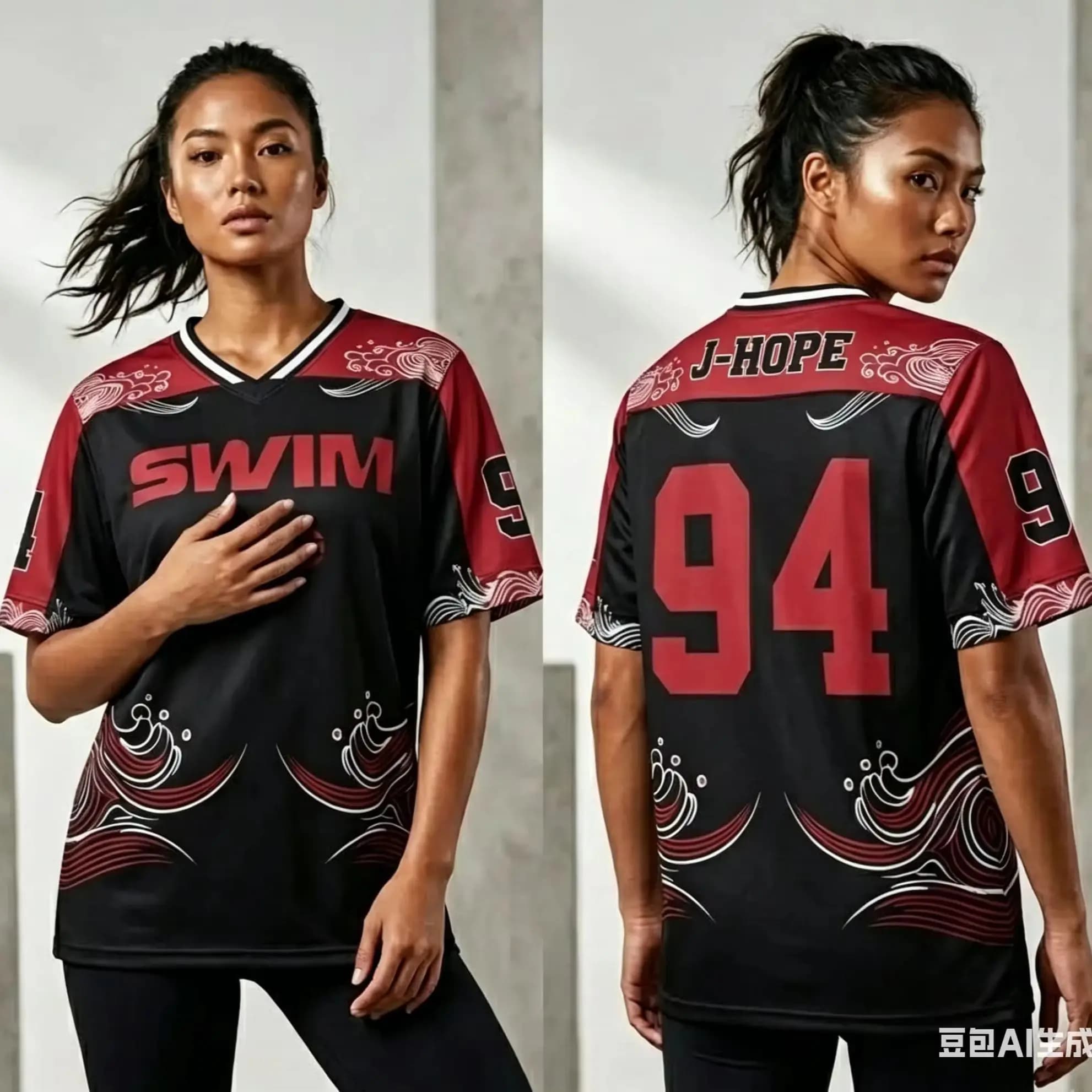Maglietta Kpop RM 94 Jersey Nera con Grafica a Onde Rosse, Oversize, Manica Corta, Abbigliamento Sportivo Traspirante con Scollo a V, T-Shirt Casual per Bambini e Adulti