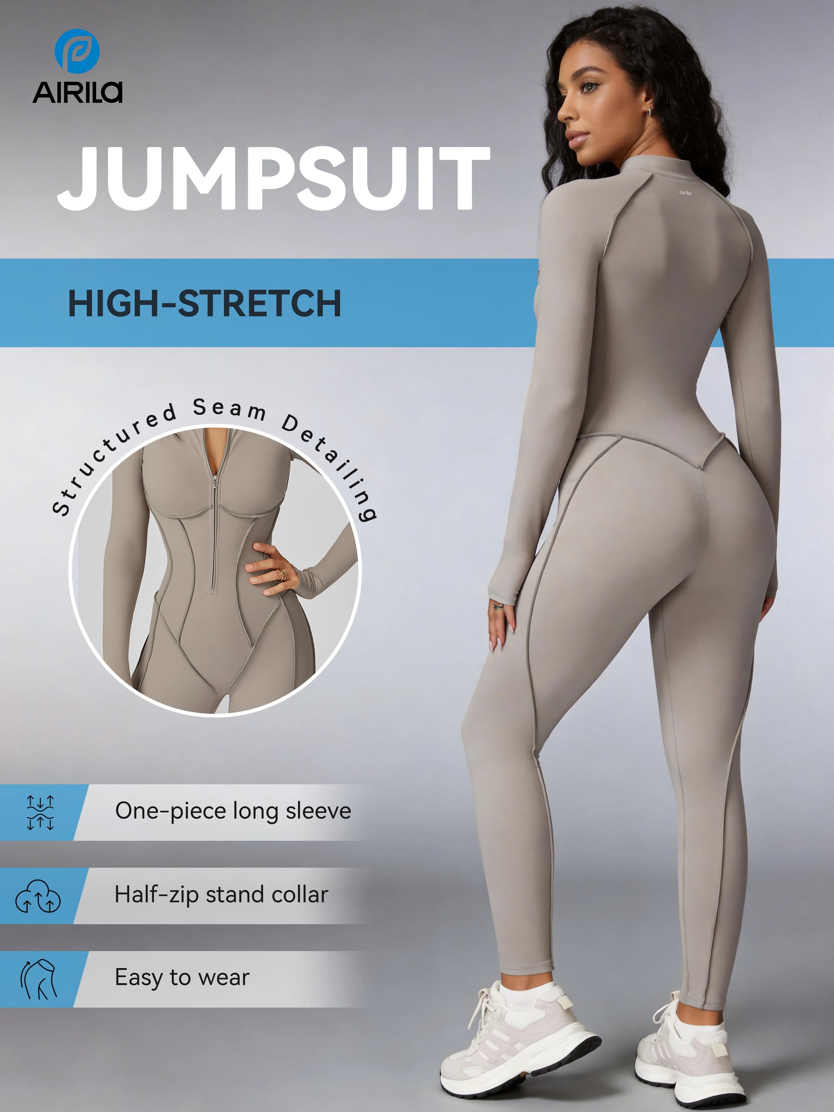 Tuta intera da yoga e pilates con zip frontale e maniche lunghe, modello aderente per donna, controllo pancia, alta elasticità, abbigliamento sportivo fitness.