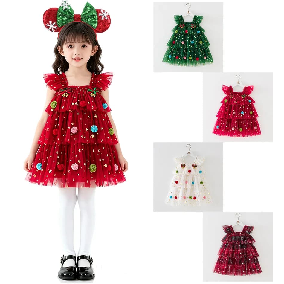 Girls Christmas Princess Dress Star Tulle Ball Gown Flutter Sleeve Cake Layer Party Outfit Kids Holiday Tutu Dress