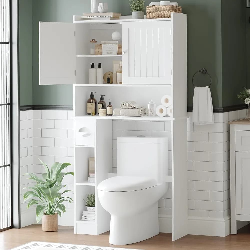 Armadietto portaoggetti sopra il WC con porta carta igienica Organizzatore da bagno a doppia porta con ripiani regolabili Ab indipendente