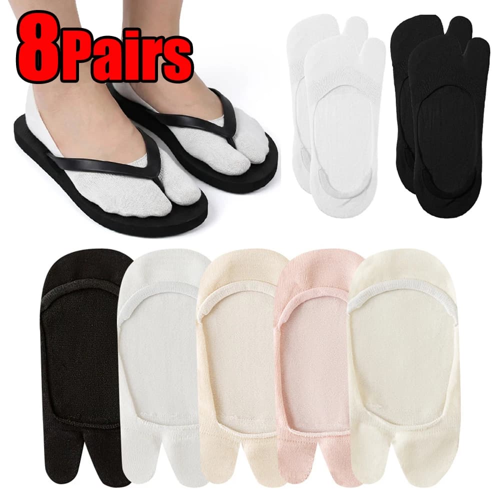 Women Cotton Tabi Socks Two Finger Summer Thin Non-slip Invisible Low Cut Boat Socks Solid Breathable Comfortable Two Toe Socks