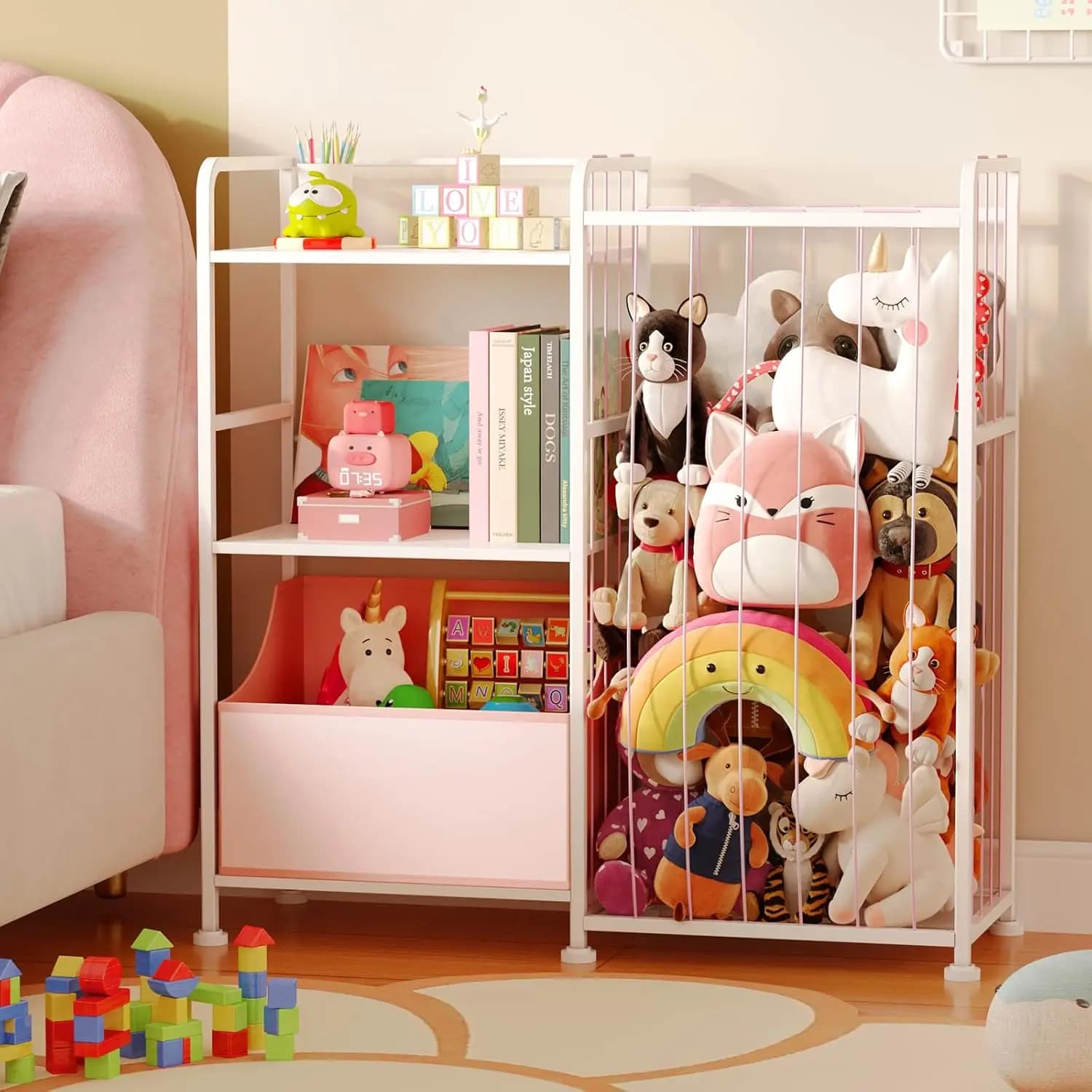 Libreria per bambini bianca a 2 livelli con rete porta peluche e organizer per giocattoli, per sala giochi, cameretta, rosa
