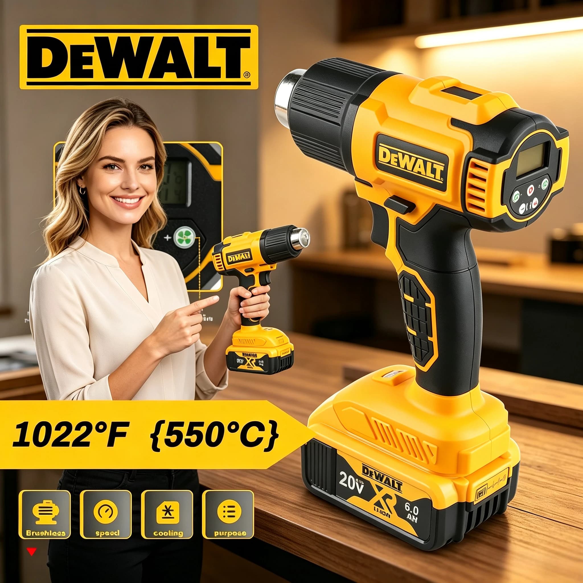 Dewalt DCE530 Cordless Heat Gun:20V,2 Speed Modes,5 - in - 1 Nozzles,0.647kg,For Adhesive Softening,Paint Stripping&More