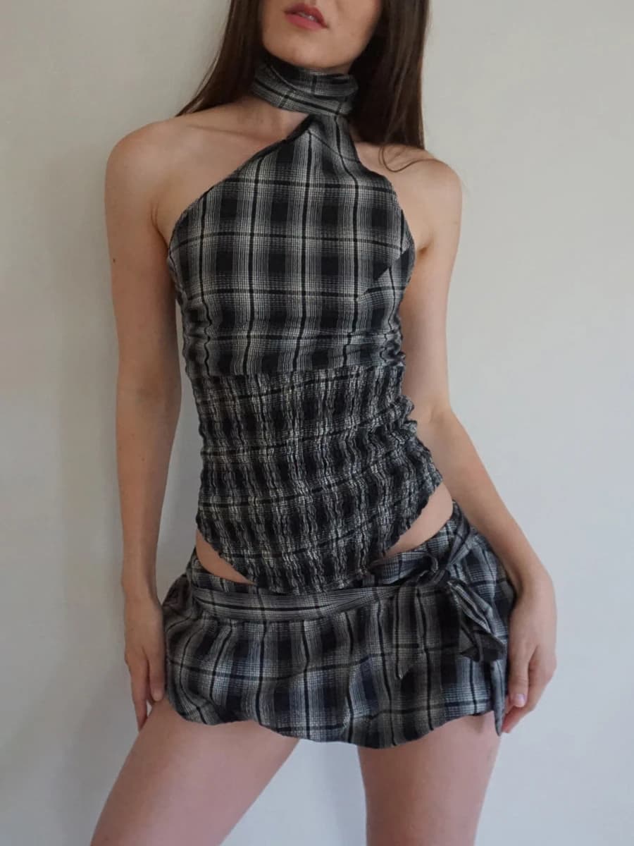 Gonna da donna in 2 pezzi Completi estivi senza maniche Backelss Canotte con scollo all'americana Minigonna a bolle con stampa a vita bassa con cintura Clubw Y2K