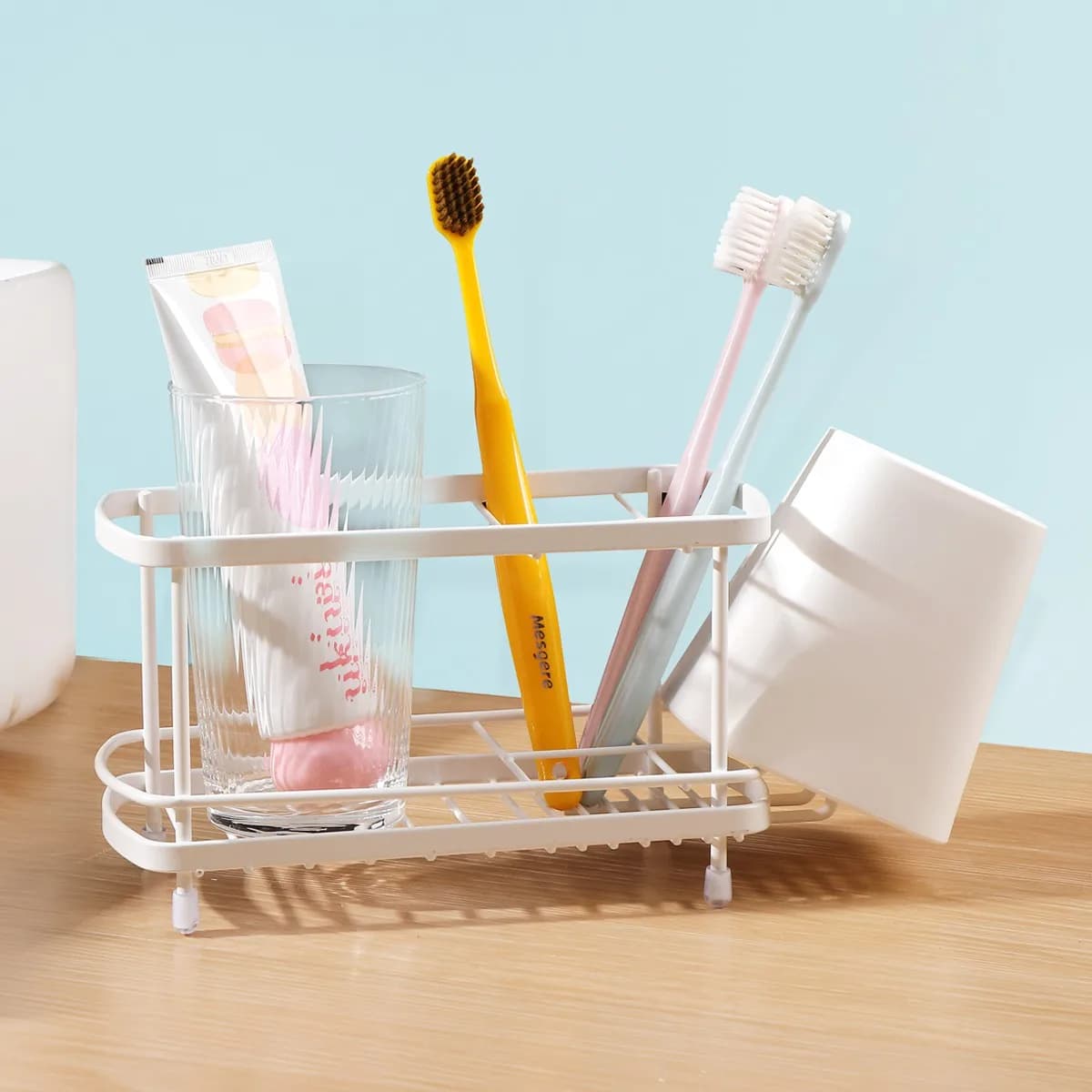 Bathroom brush holder metal stand with toothpaste holder and cup holder