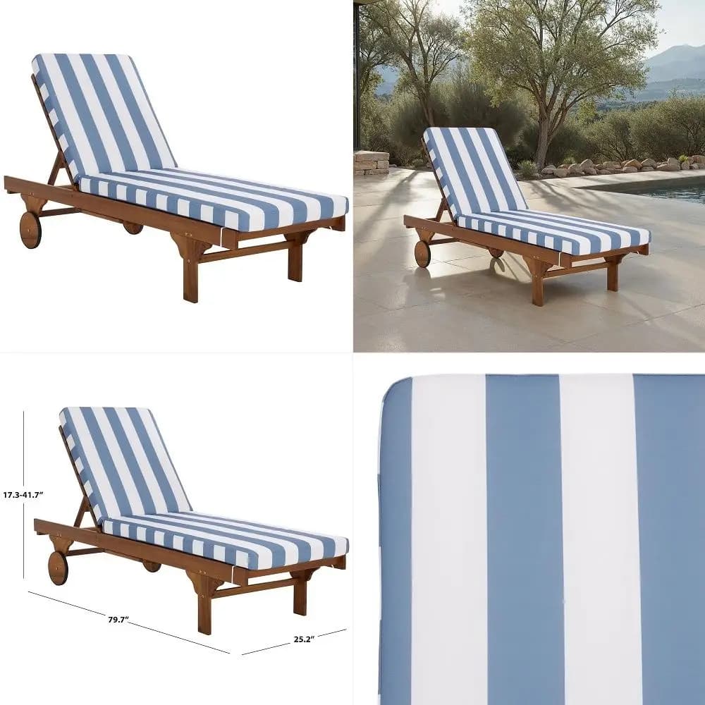 Outdoor Patio Furniture Collection Newport Natural Solid Wood Chaise Lounge Chair with Baby Blue Stripe Cushion, Adjustable Bac