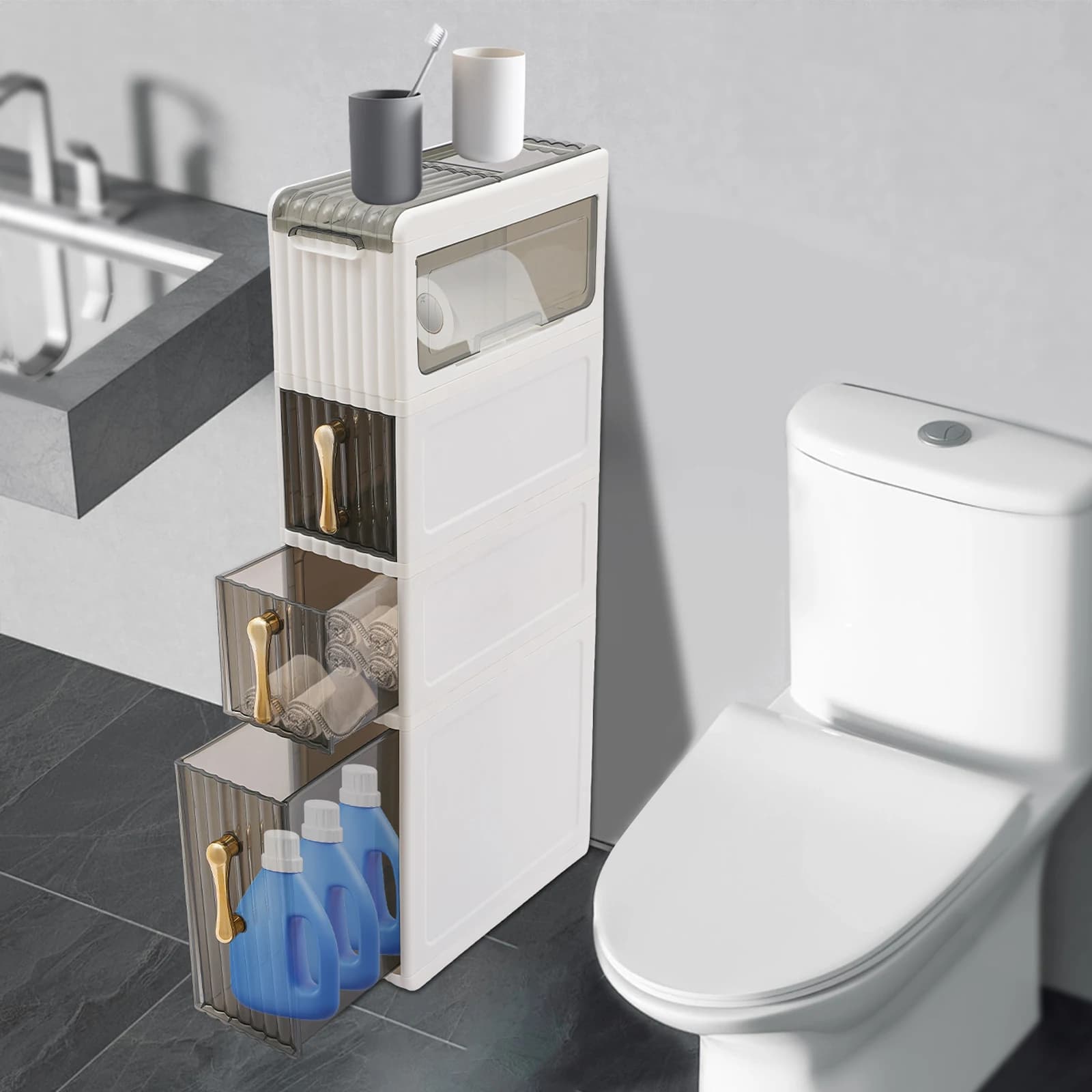 Mobiletto da pavimento per bagno, organizer porta carta igienica, mobiletto portaoggetti per bagno adatto per cucina, soggiorno, camera da letto